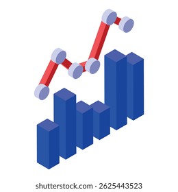 Red line graph is increasing over a blue bar chart, depicting a positive financial forecast