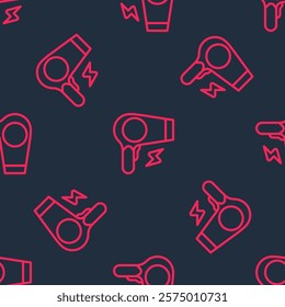 Red line Hair dryer icon isolated seamless pattern on black background. Hairdryer sign. Hair drying symbol. Blowing hot air.  Vector