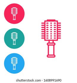 Red line Hairbrush icon isolated on white background. Comb hair sign. Barber symbol. Set icons in circle buttons. Vector Illustration