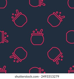 Red line Halloween witch cauldron icon isolated seamless pattern on black background. Happy Halloween party.  Vector