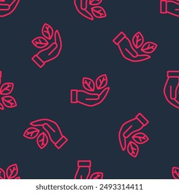 Mano sostiene una hoja del icono de la planta aislada sin patrón sobre fondo negro. Cuidado con la naturaleza. Brotes de hojas con protección ambiental.  Vector