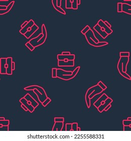 Red line Hand holding briefcase icon isolated seamless pattern on black background. Insurance concept. Security, safety, protection, protect concept.  Vector