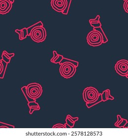 Red line Hand saw and log icon isolated seamless pattern on black background.  Vector