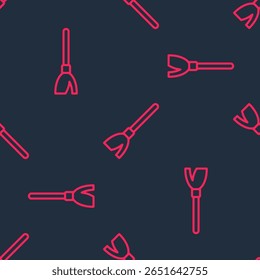 Linha vermelha Handle ícone da vassoura isolada padrão sem costura no fundo preto. Conceito de serviço de limpeza.  Vetor