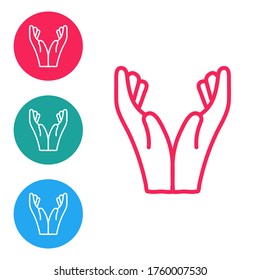 rote Linie Hände in betenden Position Symbol einzeln auf weißem Hintergrund. Gebet mit Glauben und Hoffnung zu Gott. Symbole in Kreisknöpfen einstellen. Vektorgrafik