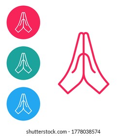 Red line Hands in praying position icon isolated on white background. Prayer to god with faith and hope. Set icons in circle buttons. Vector Illustration