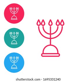 Red line Hanukkah menorah icon isolated on white background. Hanukkah traditional symbol. Holiday religion, jewish festival of Lights. Set icons in circle buttons. Vector Illustration