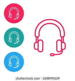 Red line Headphones icon isolated on white background. Earphones. Concept for listening to music, service, communication and operator. Set icons in circle buttons. Vector Illustration