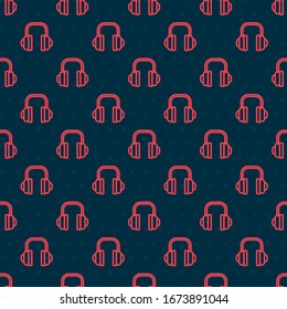 Red line Headphones icon isolated seamless pattern on black background. Support customer service, hotline, call center, faq, maintenance.  Vector Illustration