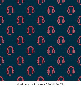 Red line Headphones with microphone icon isolated seamless pattern on black background.  Vector Illustration