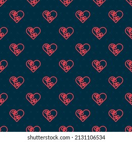 Línea roja Corta el corazón roto o el icono del divorcio aislado patrón sin fisuras en el fondo negro. El corazón destrozado y revuelto. Símbolo de amor. Día de San Valentín.  Vector