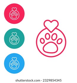 Red line Heart with animals footprint icon isolated on white background. Pet paw in heart. Love to the animals. Set icons in circle buttons. Vector