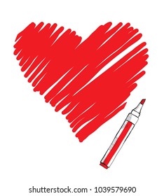 Red line heart drawn by marker. Sketch vector illustration. Engraved style image.