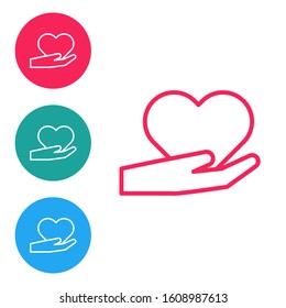 Red line Heart on hand icon isolated on white background. Hand giving love symbol. Valentines day symbol. Set icons in circle buttons. Vector Illustration