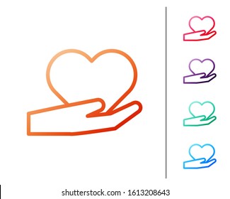 Red line Heart on hand icon isolated on white background. Hand giving love symbol. Valentines day symbol. Set color icons. Vector Illustration