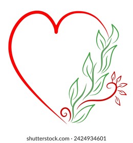 Red Line Heart Shape With Green Leaf Ornament Vector Illustration  On White Background