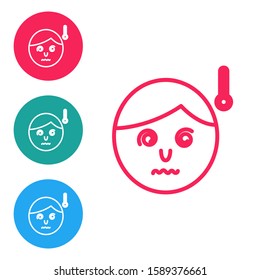 Red line High human body temperature or get fever icon isolated on white background. Disease, cold, flu symptom. Set icons in circle buttons. Vector Illustration