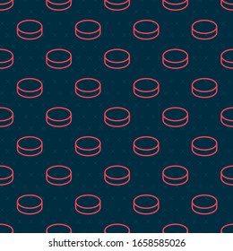 Red line Hockey puck icon isolated seamless pattern on black background.  Vector Illustration