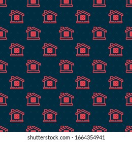 Red line House icon isolated seamless pattern on black background. Home symbol.  Vector Illustration