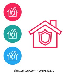 Red line House with shield icon isolated on white background. Insurance concept. Security, safety, protection, protect concept. Set icons in circle buttons. Vector
