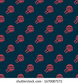 Línea roja Mano humana que sostiene icono del globo terrestre aislado sin fisuras en el fondo negro. Salvemos el concepto de tierra. Ilustración vectorial