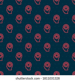 Red line Human head with gear inside icon isolated seamless pattern on black background. Artificial intelligence. Thinking brain. Symbol work of brain.  Vector Illustration