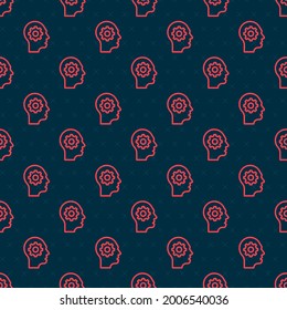 Red line Human head with gear inside icon isolated seamless pattern on black background. Artificial intelligence. Thinking brain. Symbol work of brain.  Vector