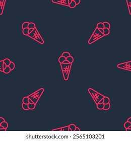 Red line Ice cream in waffle cone icon isolated seamless pattern on black background. Sweet symbol.  Vector