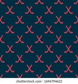 Red line Ice hockey sticks icon isolated seamless pattern on black background.  Vector Illustration