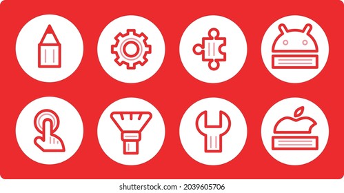 Red line icon set representing design, support, integration, accessibility, iOS, and Android. Flat, outlined, clean design in a circular format. Perfect for diverse IT applications.