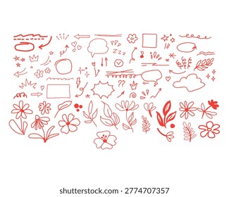 Red line icons, web graphics, and symbols set, 100x vector elements, business and technology illustrations