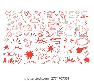 Red line icons, web graphics, and symbols set, 100x vector elements, business and technology illustrations