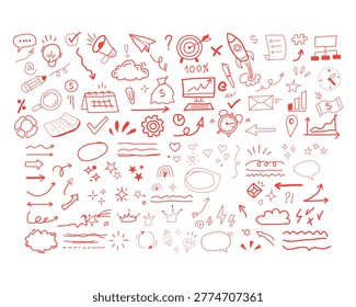 Red line icons, web graphics, and symbols set, 100x vector elements, business and technology illustrations