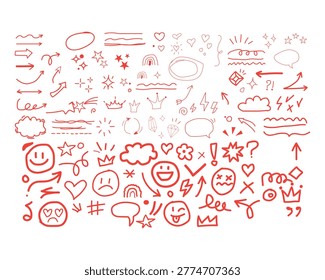 Red line icons, web graphics, and symbols set, 100x vector elements, business and technology illustrations