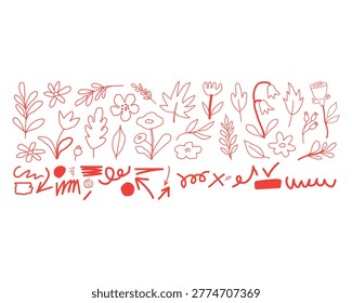 Red line icons, web graphics, and symbols set, 100x vector elements, business and technology illustrations
