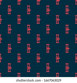 Red line Industry metallic pipe and valve icon isolated seamless pattern on black background.  Vector Illustration