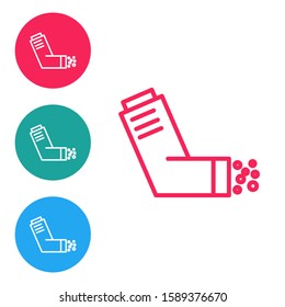 Red line Inhaler icon isolated on white background. Breather for cough relief, inhalation, allergic patient. Medical allergy asthma inhaler spray. Set icons in circle buttons. Vector Illustration