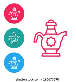 Red line Islamic teapot icon isolated on white background. Set icons in circle buttons. Vector