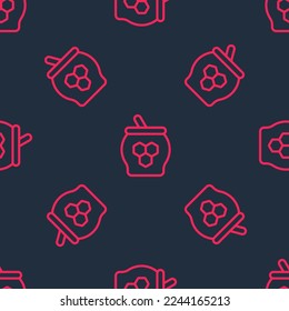 Red line Jar of honey and honey dipper stick icon isolated seamless pattern on black background. Food bank. Sweet natural food symbol. Honey ladle.  Vector