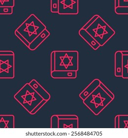 Red line Jewish torah book icon isolated seamless pattern on black background. On the cover of the Bible is the image of the Star of David.  Vector