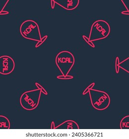 Red line Kcal icon isolated on isolated seamless pattern on black background. Health food.  Vector