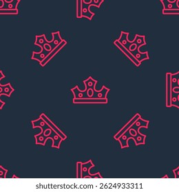 Red line King crown icon isolated seamless pattern on black background.  Vector