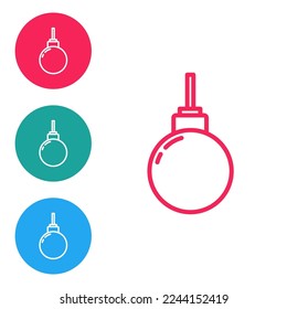 Icono colgante de la lámpara de la línea roja aislado en fondo blanco. Bombilla de luz de techo. Establezca los iconos en los botones de círculo. Vector