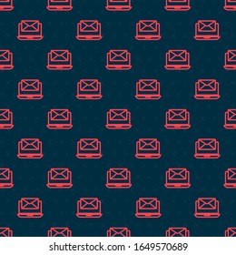 Red line Laptop with envelope and open email on screen icon isolated seamless pattern on black background. Email marketing, internet advertising concepts.  Vector Illustration