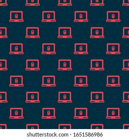Portátil de línea roja e icono de bloqueo aislado sin fisuras en el fondo negro. Ordenador y candado. Concepto de seguridad, seguridad y protección. Internet seguro.  Ilustración vectorial