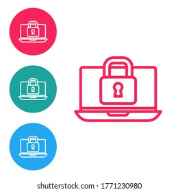 Red line Laptop and lock icon isolated on white background. Computer and padlock. Security, safety, protection concept. Safe internetwork. Set icons in circle buttons. Vector