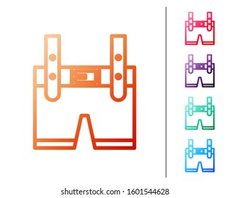 Red line Lederhosen icon isolated on white background. Traditional bavarian clothing. Oktoberfest outfit. Pants with suspenders. Patrick day. Set color icons. Vector Illustration