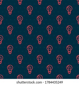 Red line Light bulb with concept of idea icon isolated seamless pattern on black background. Energy and idea symbol. Inspiration concept.  Vector Illustration