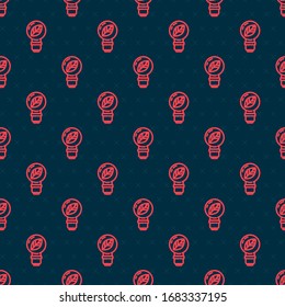 Red line Light bulb with leaf icon isolated seamless pattern on black background. Eco energy concept. Alternative energy concept.  Vector Illustration