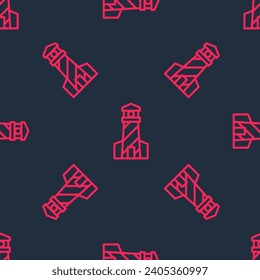 Red line Lighthouse icon isolated seamless pattern on black background.  Vector